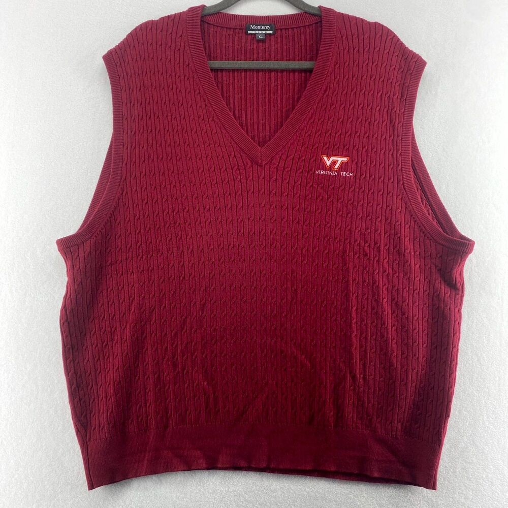 Monterey Club Virginia Tech Embroidered Cable Knit Vest Red Color Mens Size XL
